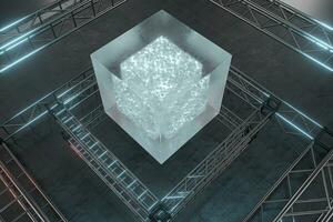 Polished metal frame, a transparent suspended cube, 3d rendering. photo
