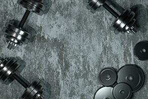 Dumbbells with concrete background, fitness theme, 3d rendeirng. photo