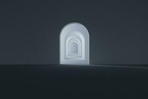 Dark room with a glowing and bright door, 3d rendering. photo