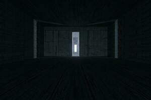 Dark room with a glowing and bright door, 3d rendering. photo