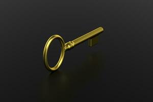 The golden key with black background, 3d rendering. photo