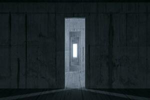 oscuro habitación con un brillante y brillante puerta, 3d representación. foto