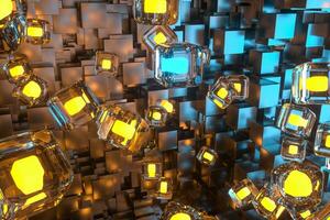 A room full with dark cubes, Illuminated by glowing cubes, 3d rendering photo