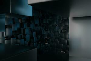 A room full with dark cubes, Illuminated by glowing cubes, 3d rendering photo