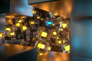 A room full with dark cubes, Illuminated by glowing cubes, 3d rendering photo