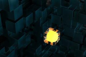 A room full with dark cubes, Illuminated by glowing cubes, 3d rendering photo