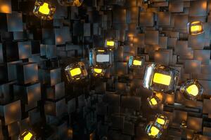 A room full with dark cubes, Illuminated by glowing cubes, 3d rendering photo