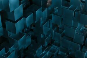 A room full with dark cubes, Illuminated by glowing cubes, 3d rendering photo