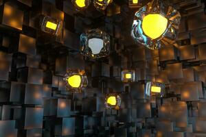 A room full with dark cubes, Illuminated by glowing cubes, 3d rendering photo