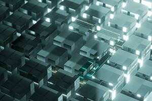 Steel frame and glowing cubes, 3d rendering. photo