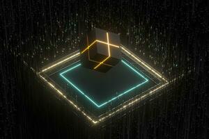 The cube floats above the glowing cubes, 3d rendering. photo