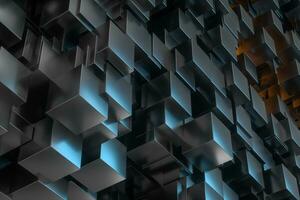 A room full with dark cubes, Illuminated by glowing cubes, 3d rendering photo