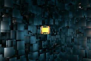 A room full with dark cubes, Illuminated by glowing cubes, 3d rendering photo