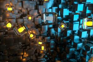 A room full with dark cubes, Illuminated by glowing cubes, 3d rendering photo