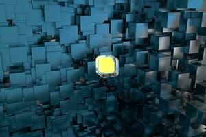 A room full with dark cubes, Illuminated by glowing cubes, 3d rendering photo