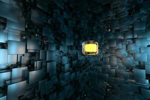 A room full with dark cubes, Illuminated by glowing cubes, 3d rendering photo