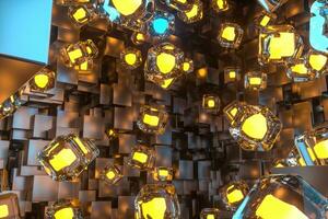 A room full with dark cubes, Illuminated by glowing cubes, 3d rendering photo