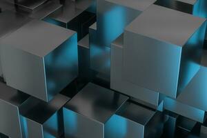 A room full with dark cubes, Illuminated by glowing cubes, 3d rendering photo