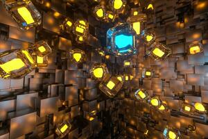 A room full with dark cubes, Illuminated by glowing cubes, 3d rendering photo