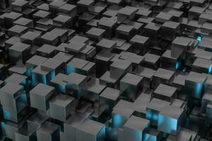 A room full with dark cubes, Illuminated by glowing cubes, 3d rendering photo