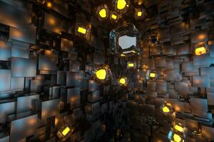 A room full with dark cubes, Illuminated by glowing cubes, 3d rendering photo