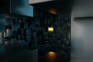 A room full with dark cubes, Illuminated by glowing cubes, 3d rendering photo