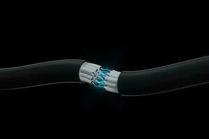 Cable with extended core, electronic connection product, with lightning effect 3d rendering. photo