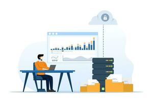 negocio tecnología almacenamiento nube informática Servicio concepto con administrador y desarrollador equipo trabajando en nube. negocio personas trabajando en línea conectado por nube desde ninguna concepto. plano vector. vector