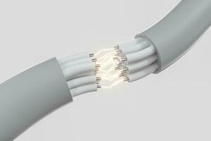 Cable with extended core, electronic connection product, with lightning effect 3d rendering. photo