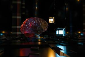 Brain and dark cubic space background, 3d rendering. photo