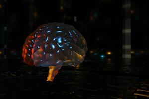 Brain and dark cubic space background, 3d rendering. photo