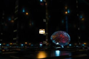 Brain and dark cubic space background, 3d rendering. photo