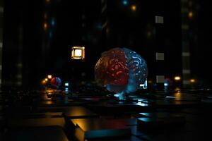 cerebro y oscuro cúbico espacio fondo, 3d representación. foto