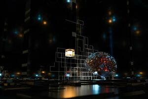 Brain and dark cubic space background, 3d rendering. photo