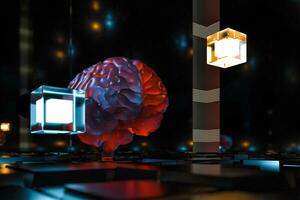 Brain and dark cubic space background, 3d rendering. photo