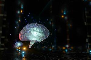 Brain and dark cubic space background, 3d rendering. photo