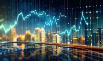 Financial stock market graph and candlestick chart on abstract background. Double exposure photo