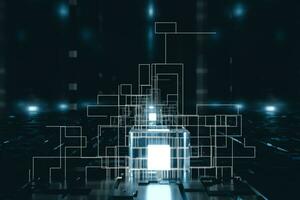 Glowing cubes with circuit lines with dark background, 3d rendering. photo