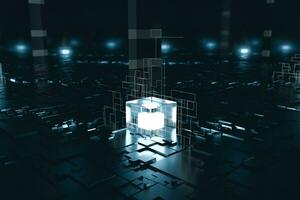 Glowing cubes with circuit lines with dark background, 3d rendering. photo