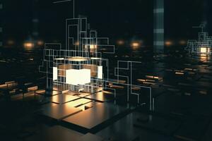 Glowing cubes with circuit lines with dark background, 3d rendering. photo