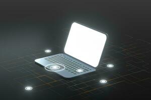 Laptop with black background, technological concept, 3d rendering. photo