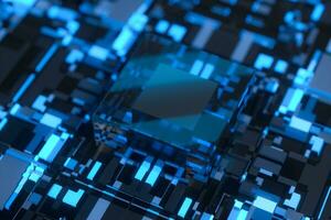 Circuit board with glowing cube and lines, 3d rendering. photo