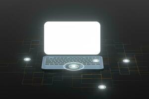 ordenador portátil con negro fondo, tecnológico concepto, 3d representación. foto