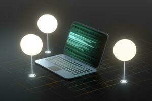 Laptop with black background, technological concept, 3d rendering. photo