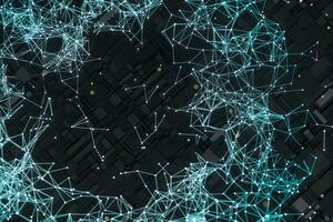 Circuit board with glowing cube and lines, 3d rendering. photo