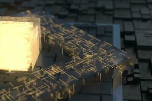 Luminous cube and circuits, black cubes, 3d rendering. photo