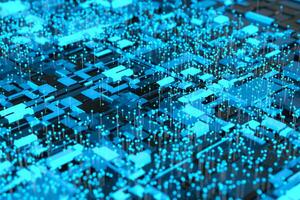Circuit board with glowing cube and lines, 3d rendering. photo