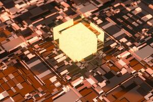 Circuit board with glowing cube and lines, 3d rendering. photo