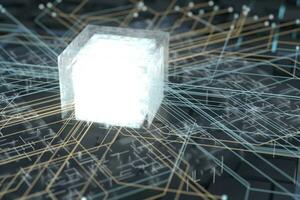 Luminous cube and circuits, black cubes, 3d rendering. photo