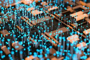 Circuit board with glowing cube and lines, 3d rendering. photo